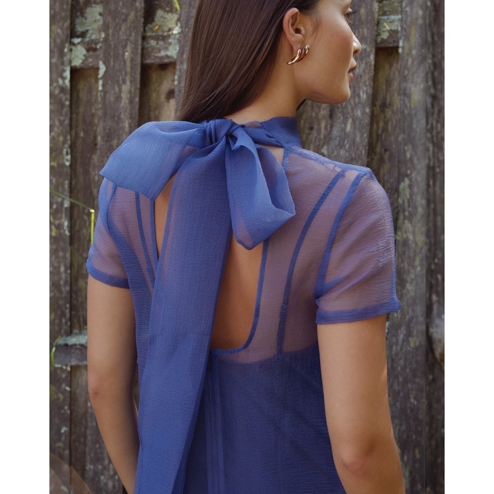 NWT CAARA Melody Tie Neck Organza Ruffle Hem Dress Navy Blue - Size Medium - Picture 13 of 14